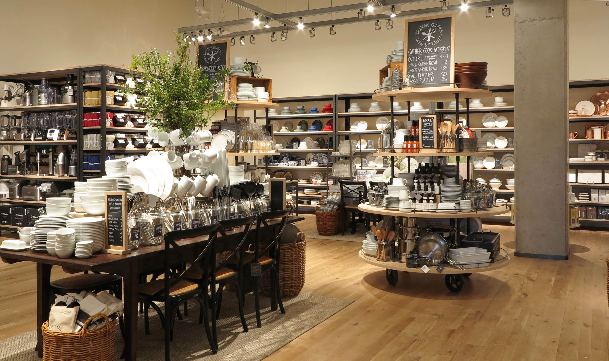A photo with tables and chairs inside a retail store